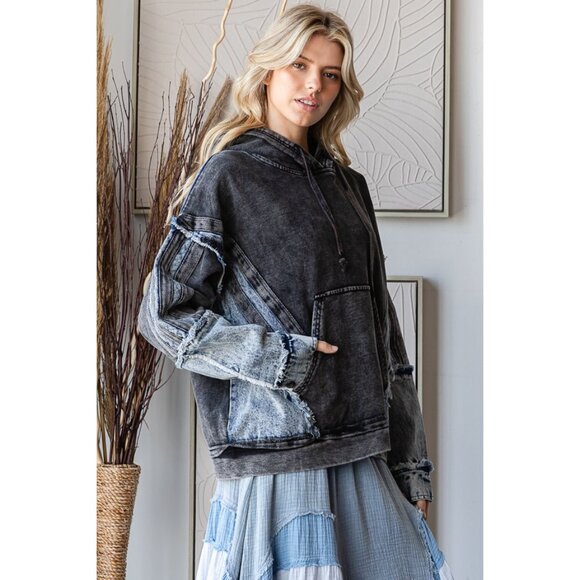 Oli & Washed Mixed Denim Hooded Pullover Top NEW Size Large - Picture 1 of 9